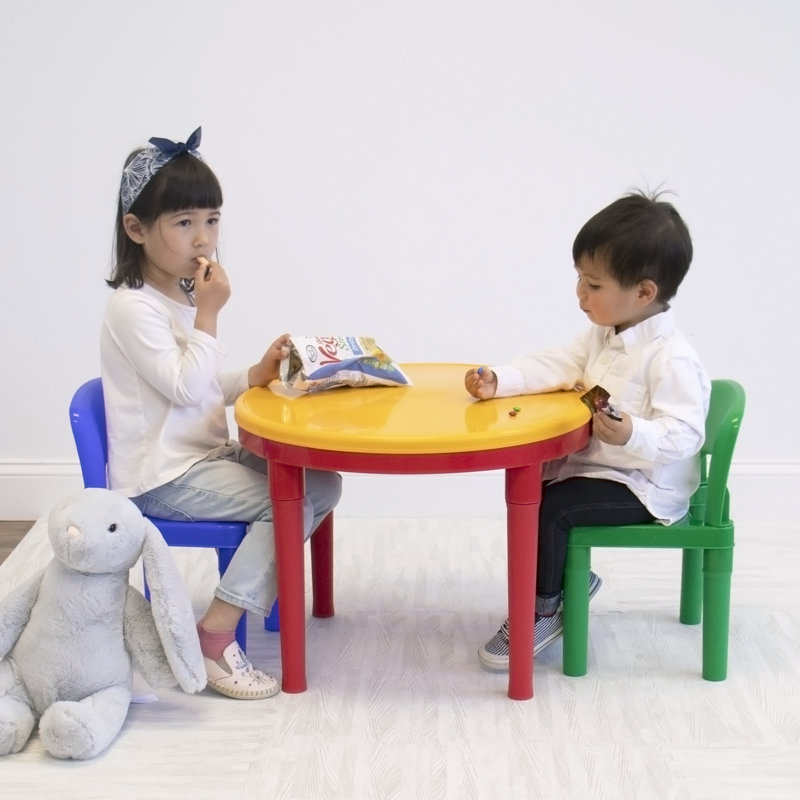 Kids 3 Piece Round Play Or Activity Table and Chair Set, Yellow/Red