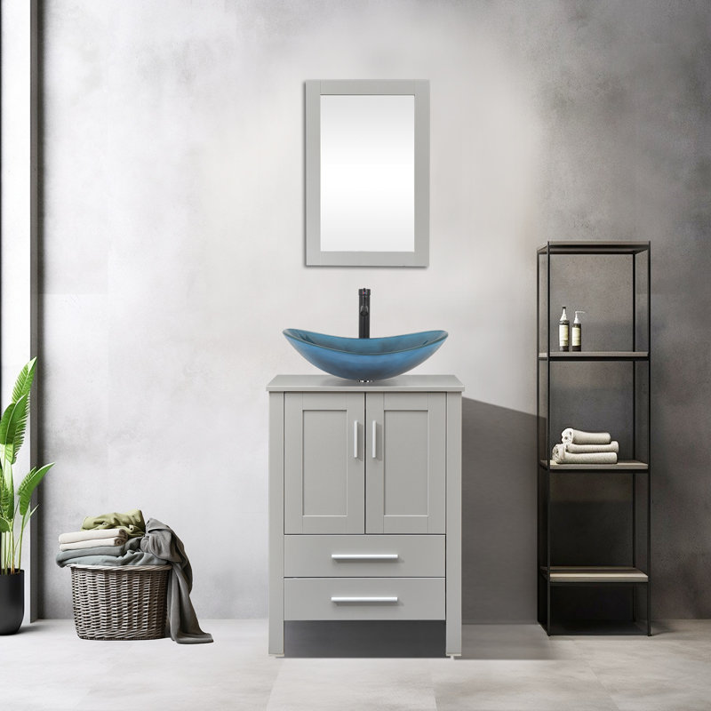 Ensemble de meuble-lavabo simple 24 po Allexus, Noir, Gris, Bleu / Noir