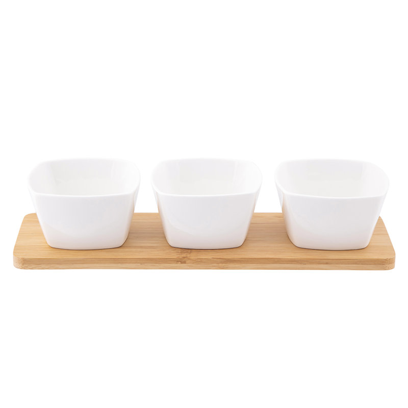 Regular Set Of 3 Square Dips Made Of Porcelain 150 Ml On A Bamboo Base 28x8.5cm