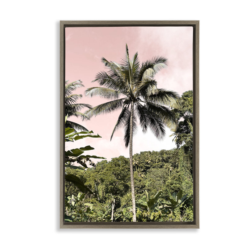Palmier forêt tropicale sur cadre flottant rose, design par Natalie Carpentieri, H 25 po x l 17 po