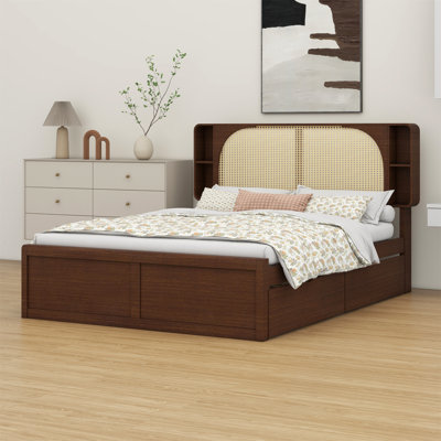 Rattan Headboard Bed With Two Drawers And Trundle