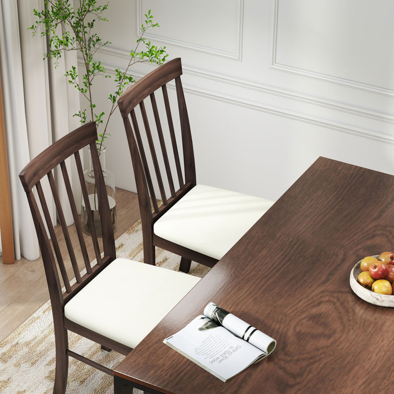 Wooden Dining Chairs Set of 2, Farmhouse Upholstered Kitchen Chairs with Rubber Wood Frame for Living Room, Dining Room, Dark Brown and Beige