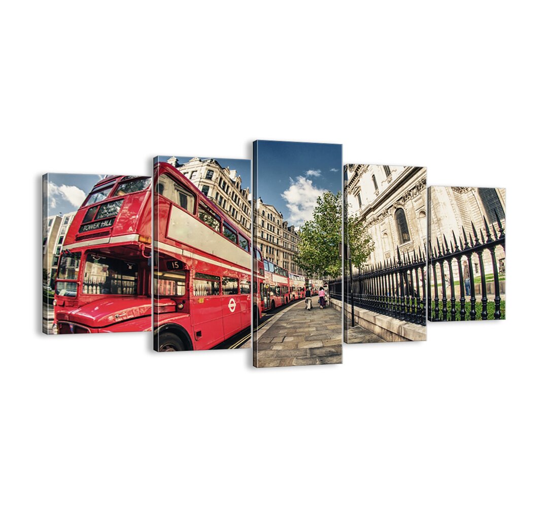 5-tlg. Leinwandbilder-Set - Fotografie „London Street in Grey and Red”