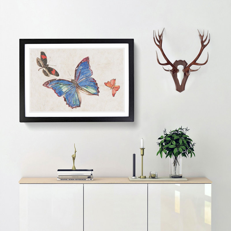 Three Butterflies by Fujishima Takeji - Picture Frame Painting Print, 36cm H x 48cm W x 2cm D, Black Framed