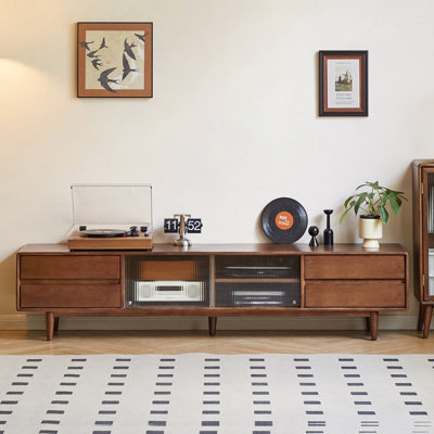 Minimalist Rubberwood TV Cabinet with Fluted Glass Storage and Drawers