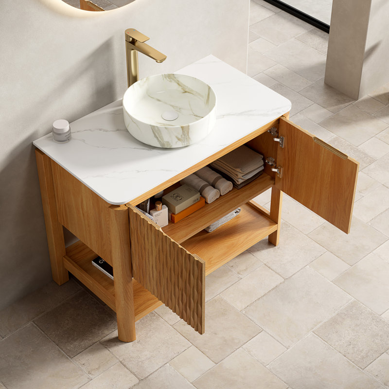 Meuble-lavabo moderne de 91 cm avec lavabo et rangement, comptoir blanc Carrara, 35.83