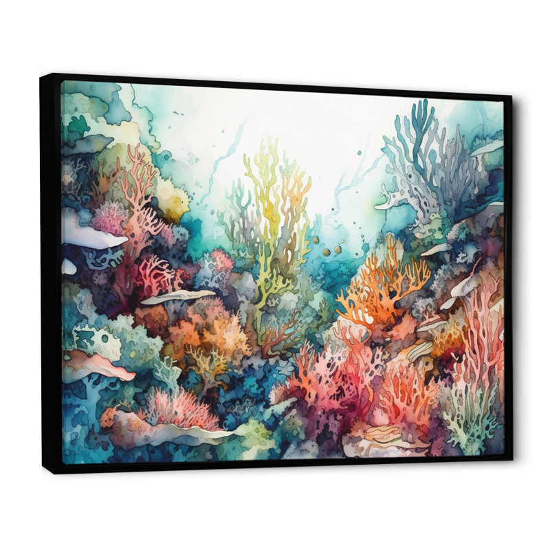 «Vibrant Coral Reef III - Modern Beach», art mural, H 16 po x l 32 po x P 1 po, Cadre flottant noir