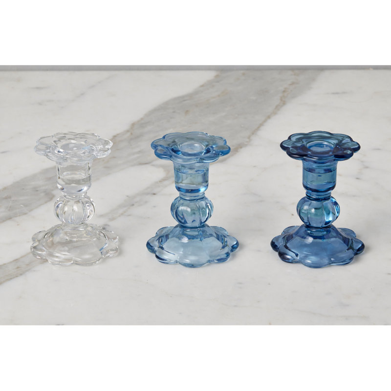Glass Scalloped Candlesticks, Clear/Denim/Navy