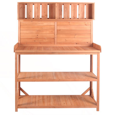 Large Farmhouse Rustic Outdoor Potting Bench Table, Garden Potting Bench With 4 Storage Shelves And Side Hook, Patio Table