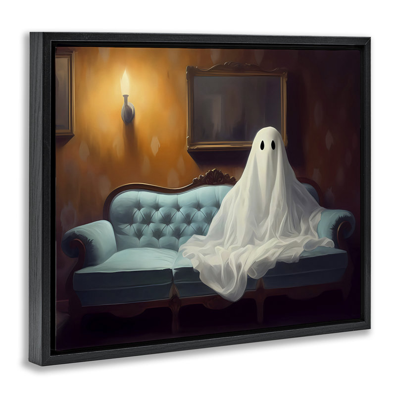 Ghost on Spooky Blue Couch Floating Frame, design by LSR Design Studio, 25" H x 31" W, Jet Black Floater Frame