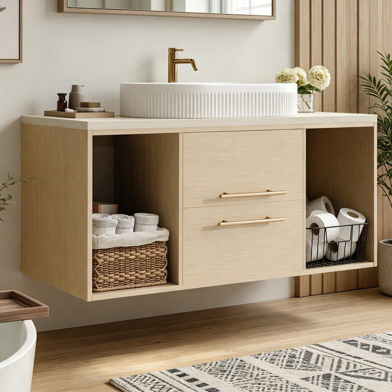 Meuble-lavabo mural avec lavabo, 2 tiroirs et tablette ouverte