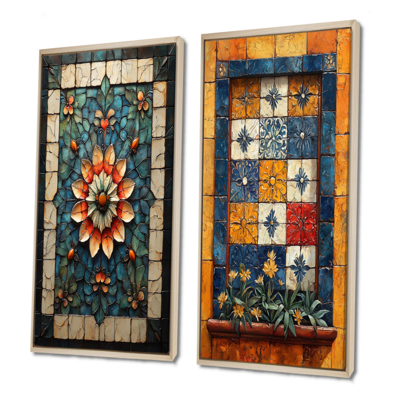 Ensemble de 2 pièces de carreaux orange de style balkanien I - Boho Tiles, H 40 po x l 40 po, Cadre flottant érable