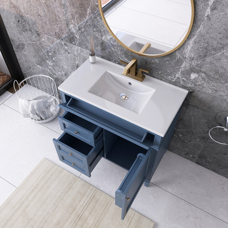 36'' Freestanding Single Sink Bathroom Vanity with Ceramic Top, Dark Blue