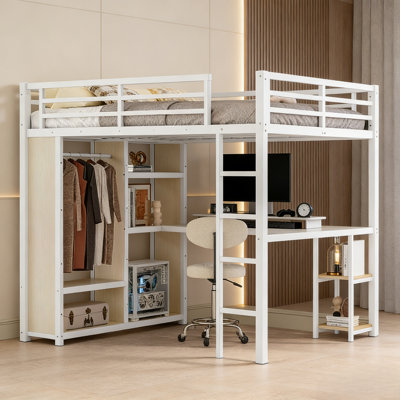 Grand lit mezzanine avec bureau et rangement, lits mezzanine en métal avec garde-robe et tablettes, cadre de lit mezzanine pour adolescents, enfants et adultes, structure stable qui ne grince pas, grain de bois blanc