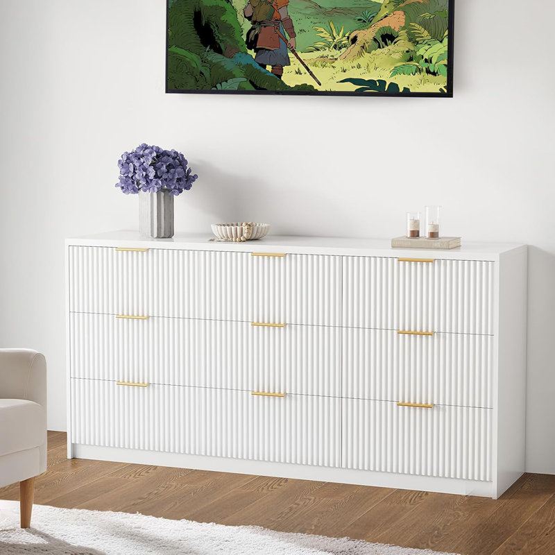 Modern 9-Drawer Dresser, Wide Chest of Drawers with Fluted Detailing and Golden Handles for Bedroom & Living Room Storage