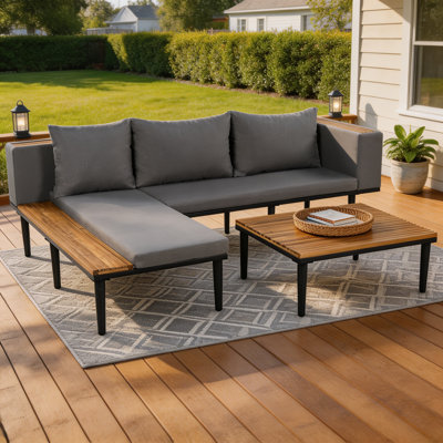 Ensemble de meubles de patio haut de gamme équipé de coussins amovibles et d'une table basse, d'un canapé en bois d'acacia en forme de L avec table d'appoint, d'un canapé modulaire pour la cour et le porche, gris