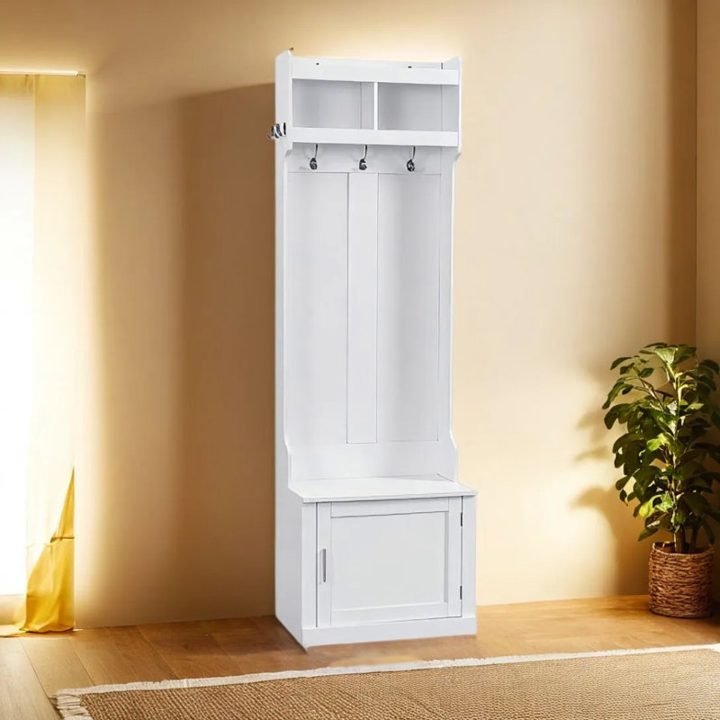 Minimalist Slim Hall Tree With Cabinet & 6 Hanging Hooks
