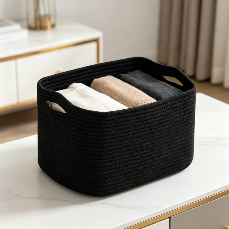 Panier de rangement en corde de coton tissé, bac de rangement pliable pour la maison, la chambre de bébé et le bureau, solution de rangement décorative polyvalente avec poignées