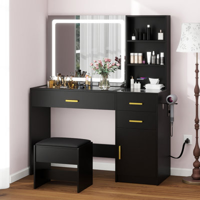 45.2'' Makeup Vanity With LED Lighted Mirror & Storage Stool