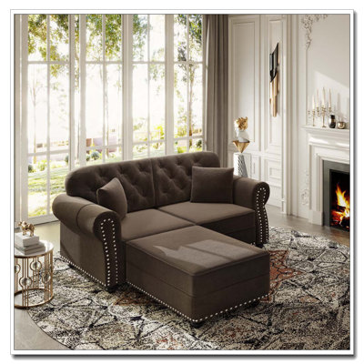 Upholstered Velvet Sofa with Nailhead Trim and Rolled Armrest