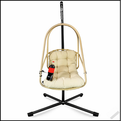 Swing Egg Chair with Stand for Indoor and Outdoor Use, Wicker Rattan Patio Basket with C-Type Bracket, Cushion, Pillow, and Cup Holder