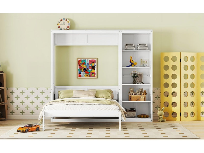 Grand lit escamotable avec tablettes - aucun sommier nécessaire, durable pour n'importe quelle pièce, Blanc