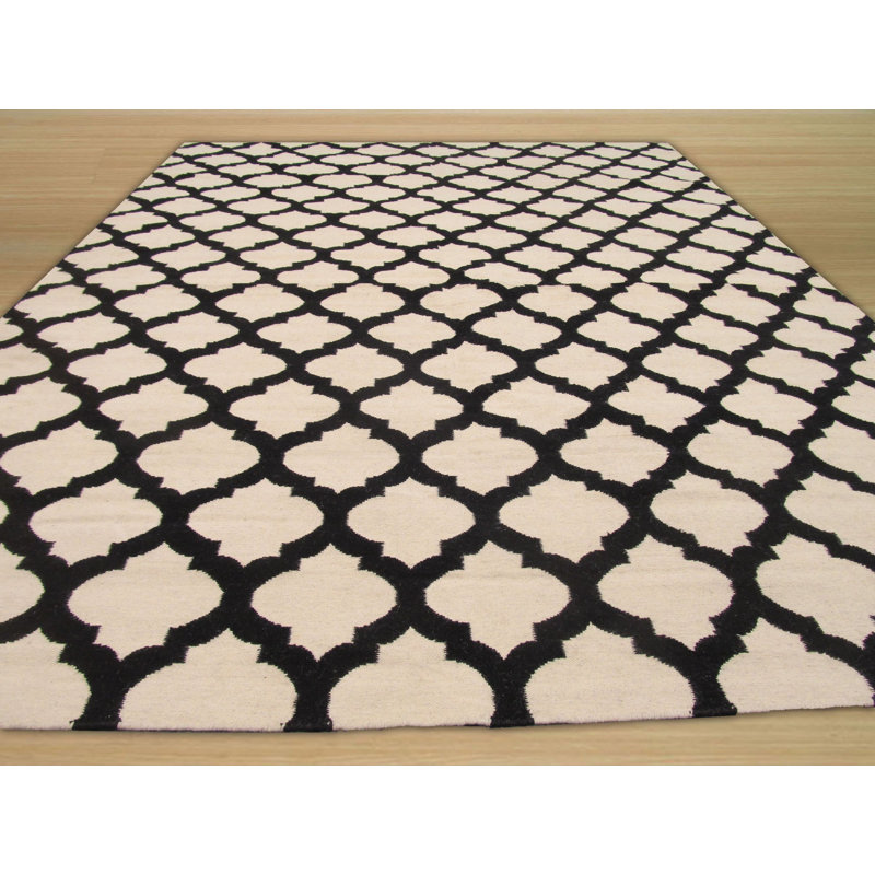 Black Hand-Knotted Wool Ogee Lattice Weave Geometric Modern Contemporary Carpet Rug, 9' x 12'