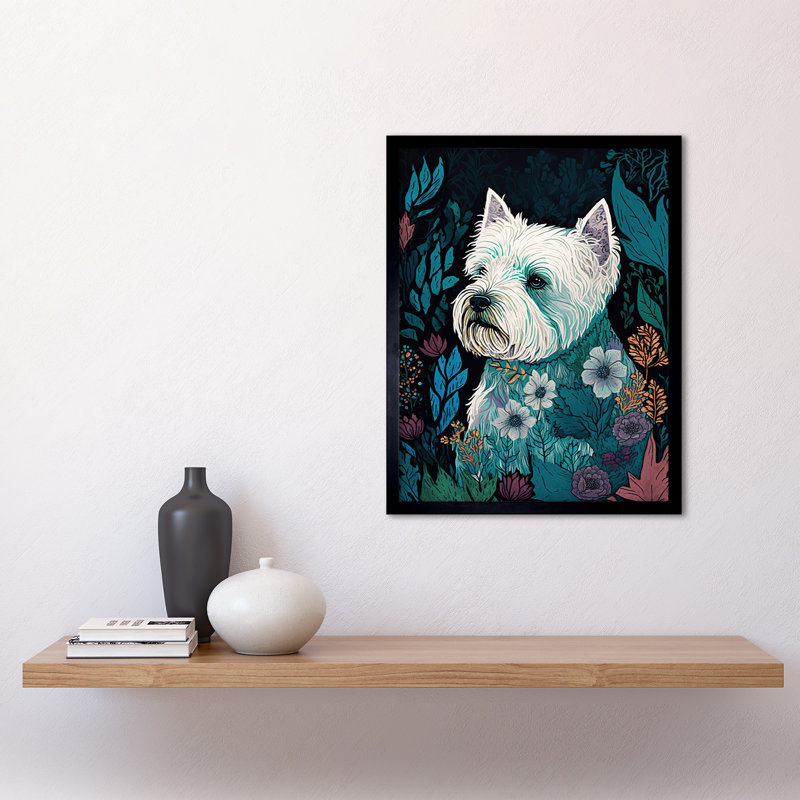West Highland White Terrier In Flowers Dark Multicoloured Linocut - Single Picture Frame Print
