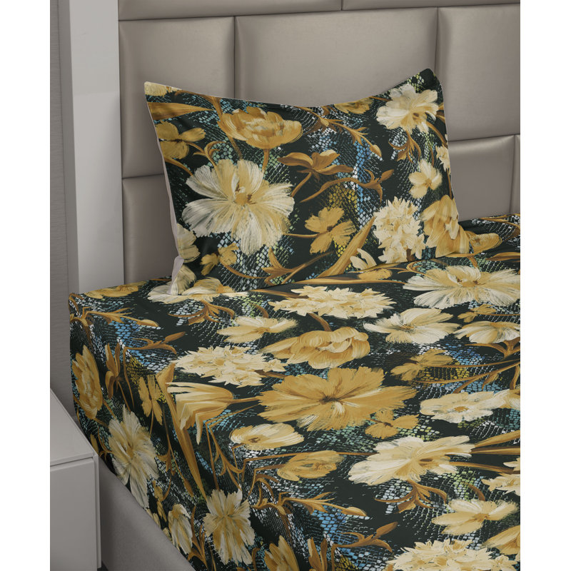 Ambesonne Watercolor Botany Sheet Set 4 Pcs Retro Boho Bloom, Twin Sheet Set with 1 Pillowcase