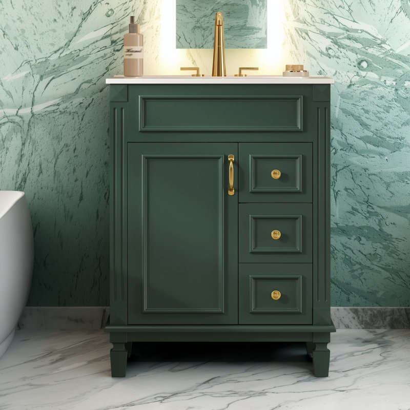 Meuble-lavabo moderne 24 po avec lavabo en céramique, 2 tiroirs, tablette réglable, Vert, Doré