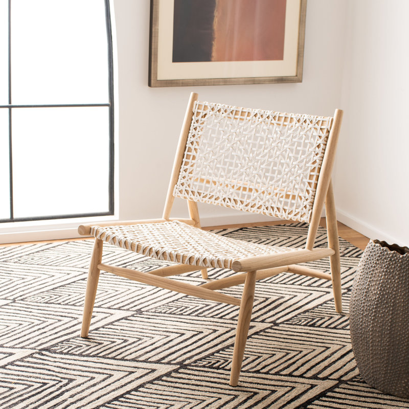 Chaise d'appoint à dossier tissé Kazbah, Cuir véritable blanc / pieds en chêne blanchi