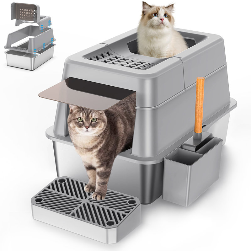 Bac à litière en acier inoxydable avec couvercle, très grand bac à litière fermé pour chat convenant à tous les chats avec couvercle rabattable, bac à chat à haut couvercle en métal avec pédale et pelle, gris