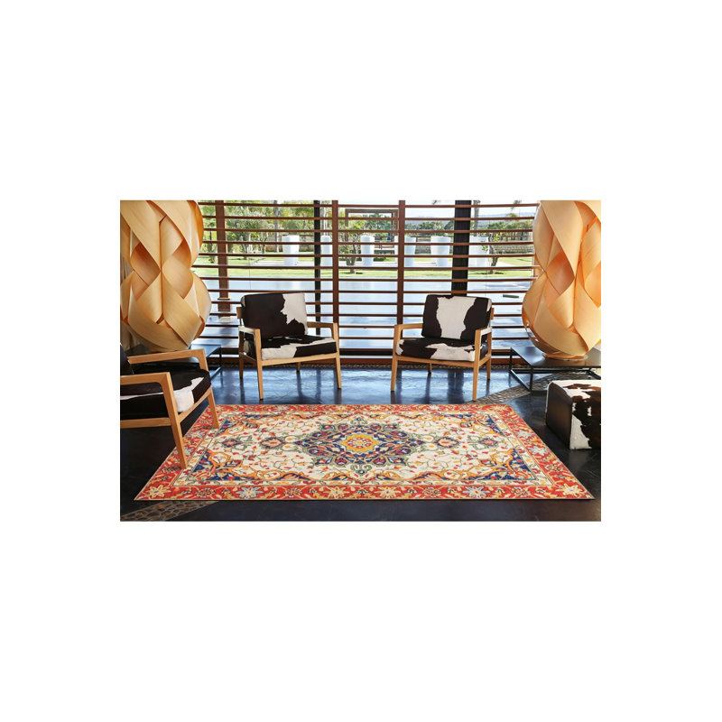 Tapis tissé rouge traditionnel avec base tissée lavable à la machine, Sous-tapis carré 3 pi 3 po inclus