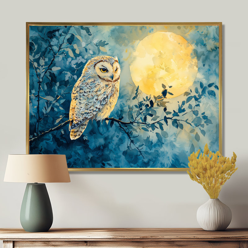 Watercolor Owl In The Moonlight Tranquility II - hibou, art mural, H 16 po x l 32 po, Doré, Avec cadre