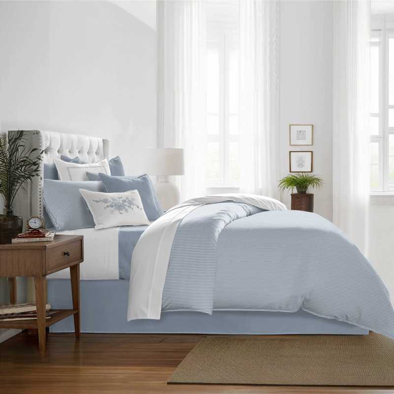 Ruben Stripe Reversible Cotton Duvet Cover Set, Cal.King Duvet Cover + 2 King Shams, Cornflower