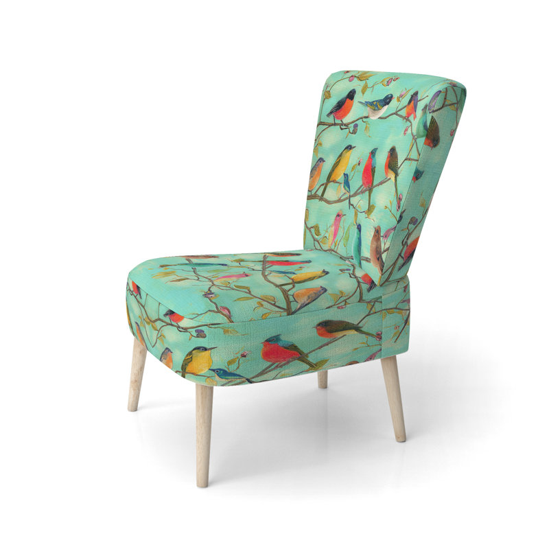 Multi-Color Bird On Tree - Upholstered Farmhouse Accent Side Chair, Green Polyester Blend