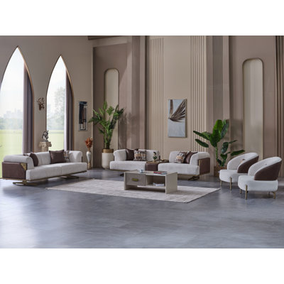 Urla Cream And Brown 4 Piece Living Room Set