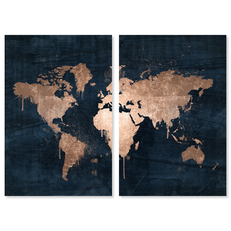 Carte du monde métallique moderne, impression sur toile bronze, H 36 po x l 48 po x P 1,5 po