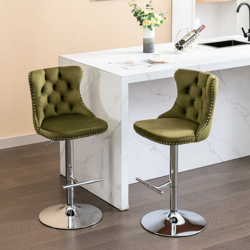 Moderne rembourré, pivotant à 360 °, siège réglable de 25 à 33 pouces de hauteur, dossier, olive pour îlot de cuisine et velours de 2, 25-33