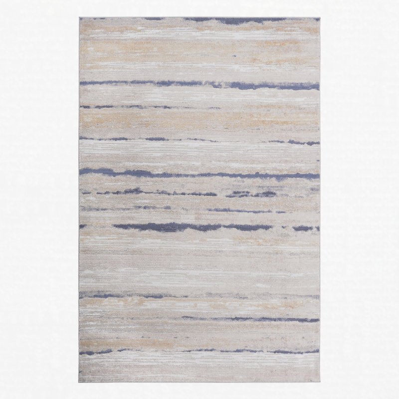 Area Rug Synthetic Fiber Stain Resistant Non-Shedding Striped Ivory Blue Medium Pile 6' x 9'