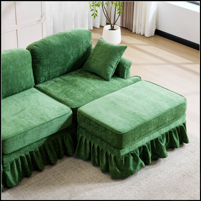 Canapé modulaire 103,15 po avec jupe plissée à volants amovible, canapé en nuage de chenille, repose-pieds et accoudoirs évasés, canapé en tissu en L à 4 places pour le salon et la chambre à coucher