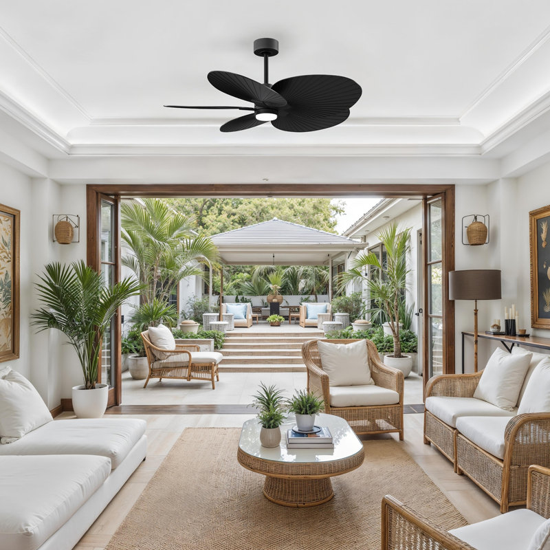 Alessandra Tropical - Five Blade Ceiling Fan - Integrated LED -Matte Black Finish -Light Blue Blades, Matte Black