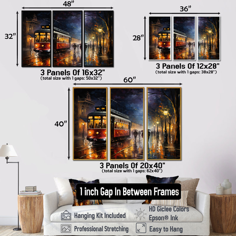 «Vintage Rainy Evening Paris - Train», art mural rétro, H 40 po x l 60 po x P 1 po, Cadre flottant brun