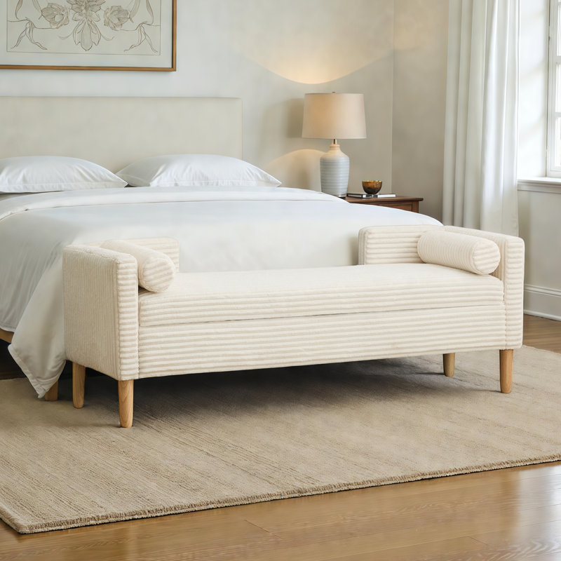 65.3" W Upholstered Storage Bench With Bolster Pillows, Ivory