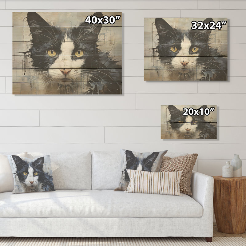 Portrait de chat noir et blanc minimalisme - Art mural en bois sur bois de pin naturel, H 10 po x l 20 po