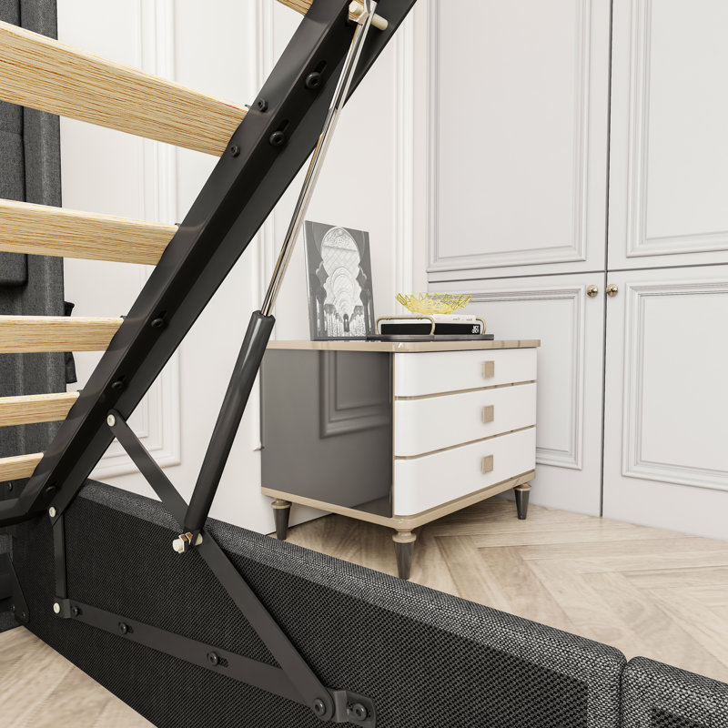 Lit double avec rangement à gaz, tête de lit à oreilles moderne, ports de charge, système de levage en lin gris foncé, prises de courant