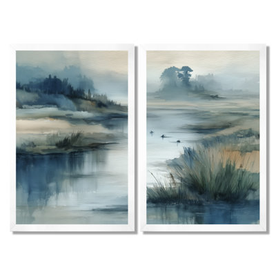 «Blue and Grey Foggy Morning River Run», art sur toile, paysage bleu, art mural 2 pièces