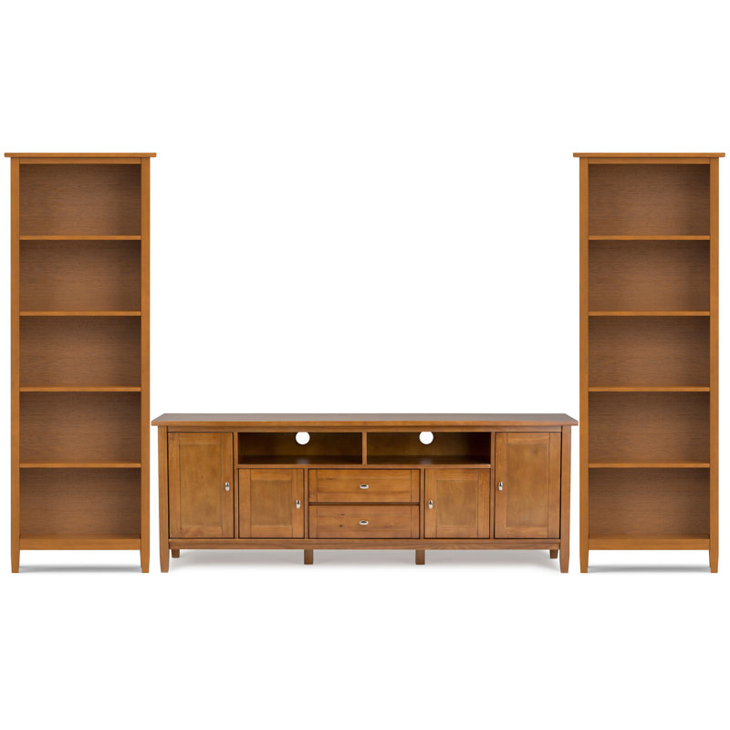 Warm Shaker Solid Wood Transitional 72 Inch Wide Tv Stand With Two 26 Inch Wide Bookcases In Light Golden Brown (set Of 3)