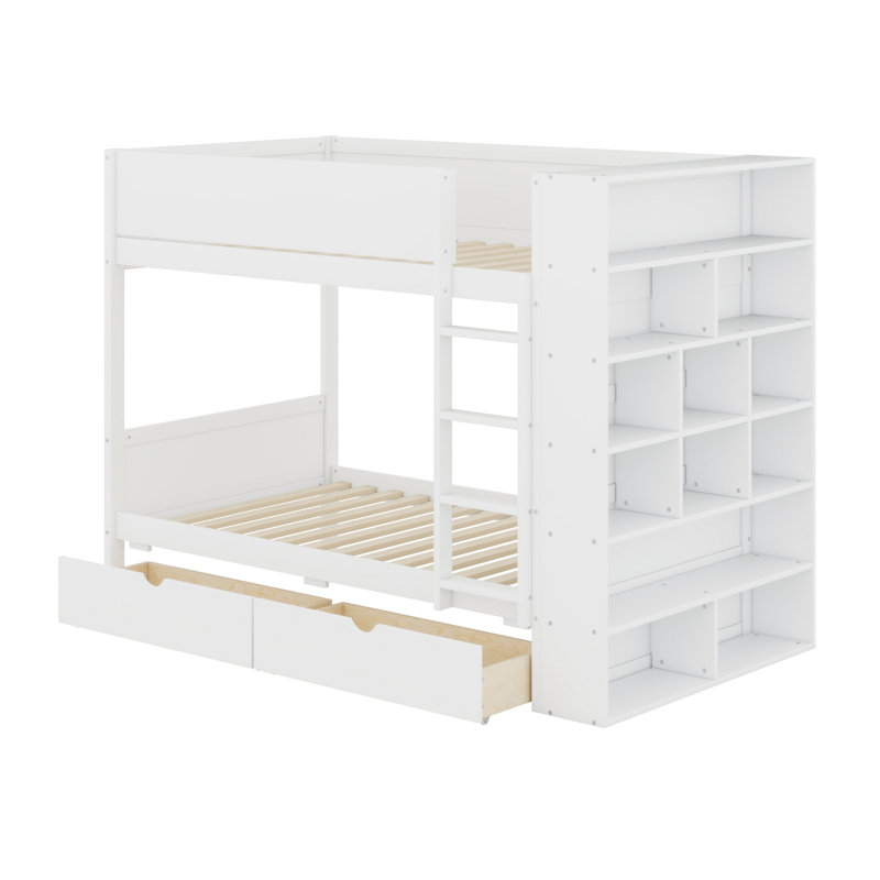 Lit superposé avec 2 tiroirs et armoire à couches multiples, Simple sur simple, blanc