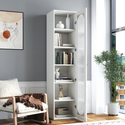 Grand présentoir Oliva et bibliothèque avec 6 tablettes et 1 porte vitrée pour un rangement polyvalent et un décor élégant